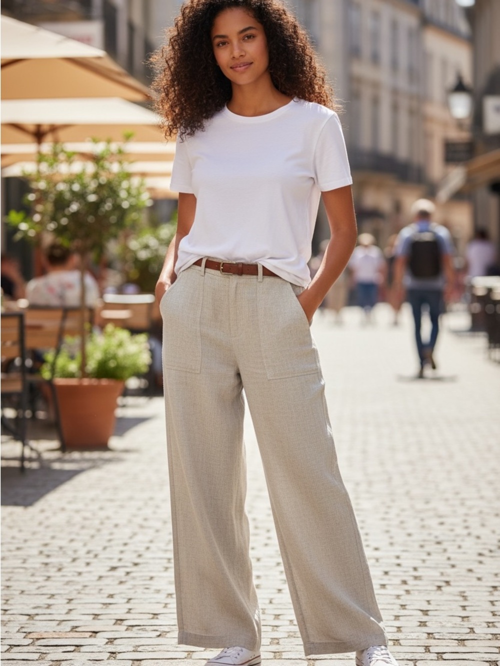 Zara Wide-Leg Pants in Light Beige with Brown Belt